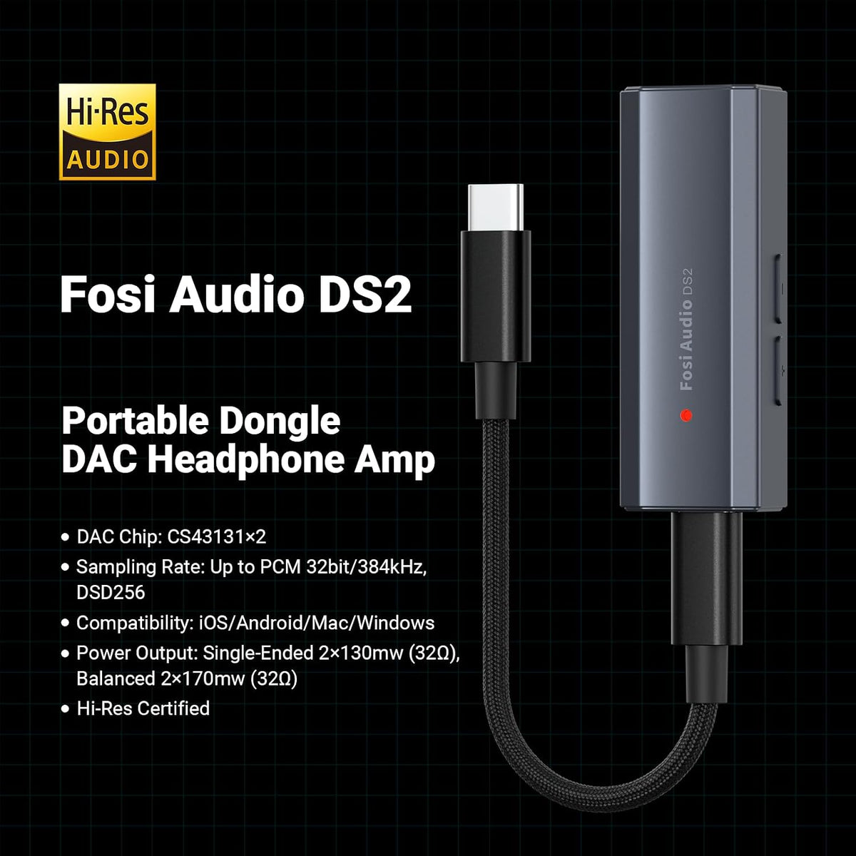 Fosi Audio DS2 USB-C DAC Headphone Amp 3.5mm 4.4mm DSD256