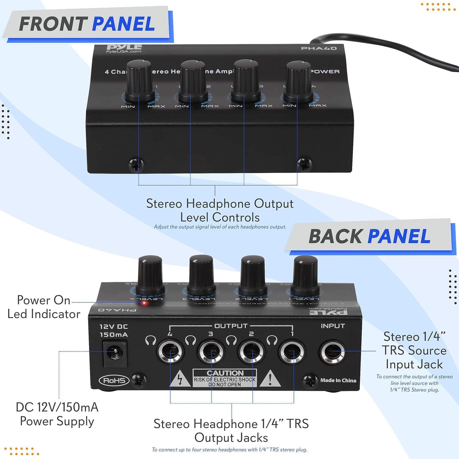Pyle 4-Channel Headphone Amplifier Portable Stereo Splitter Amp Studio