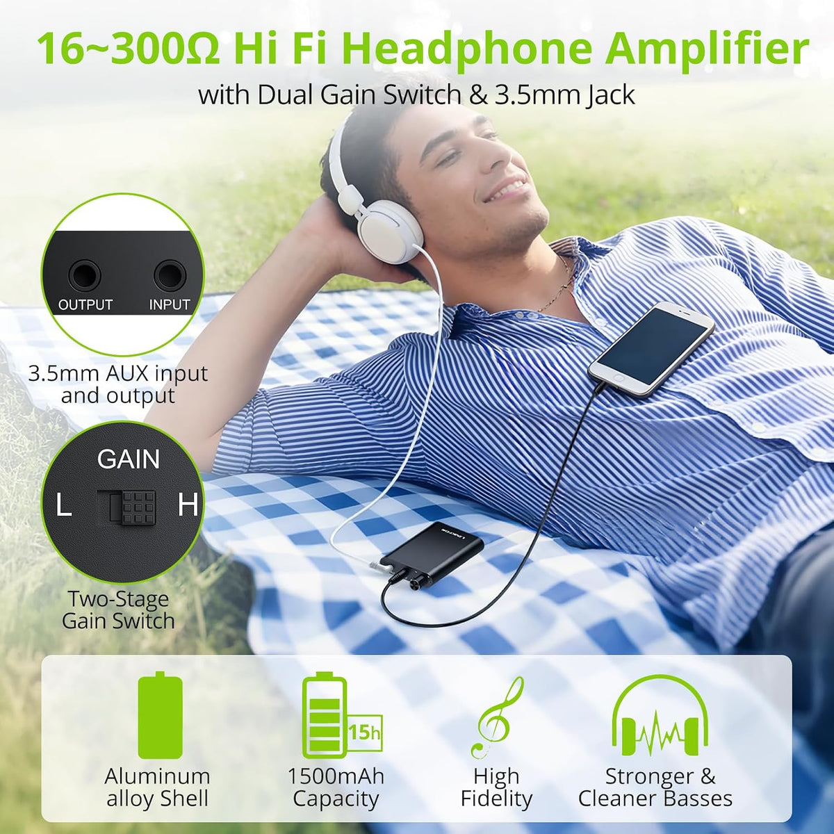 LiNKFOR HiFi Headphone Amplifier 16–300Ω Portable Stereo Amp