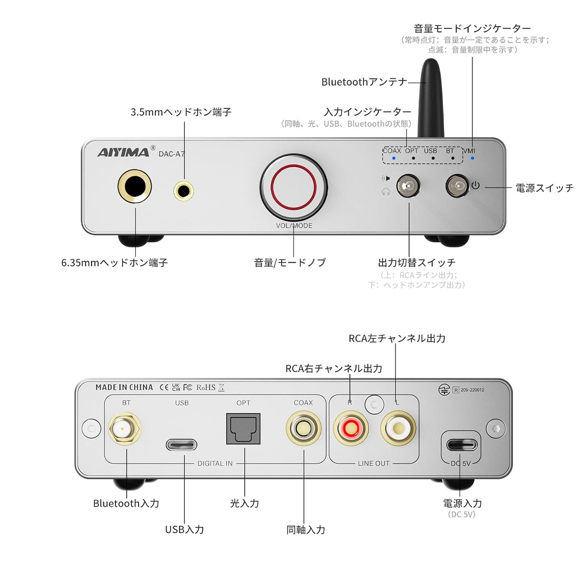 AIYIMA DACA7 ES9038Q2M Mini Bluetooth Desktop DAC Headphone Amp