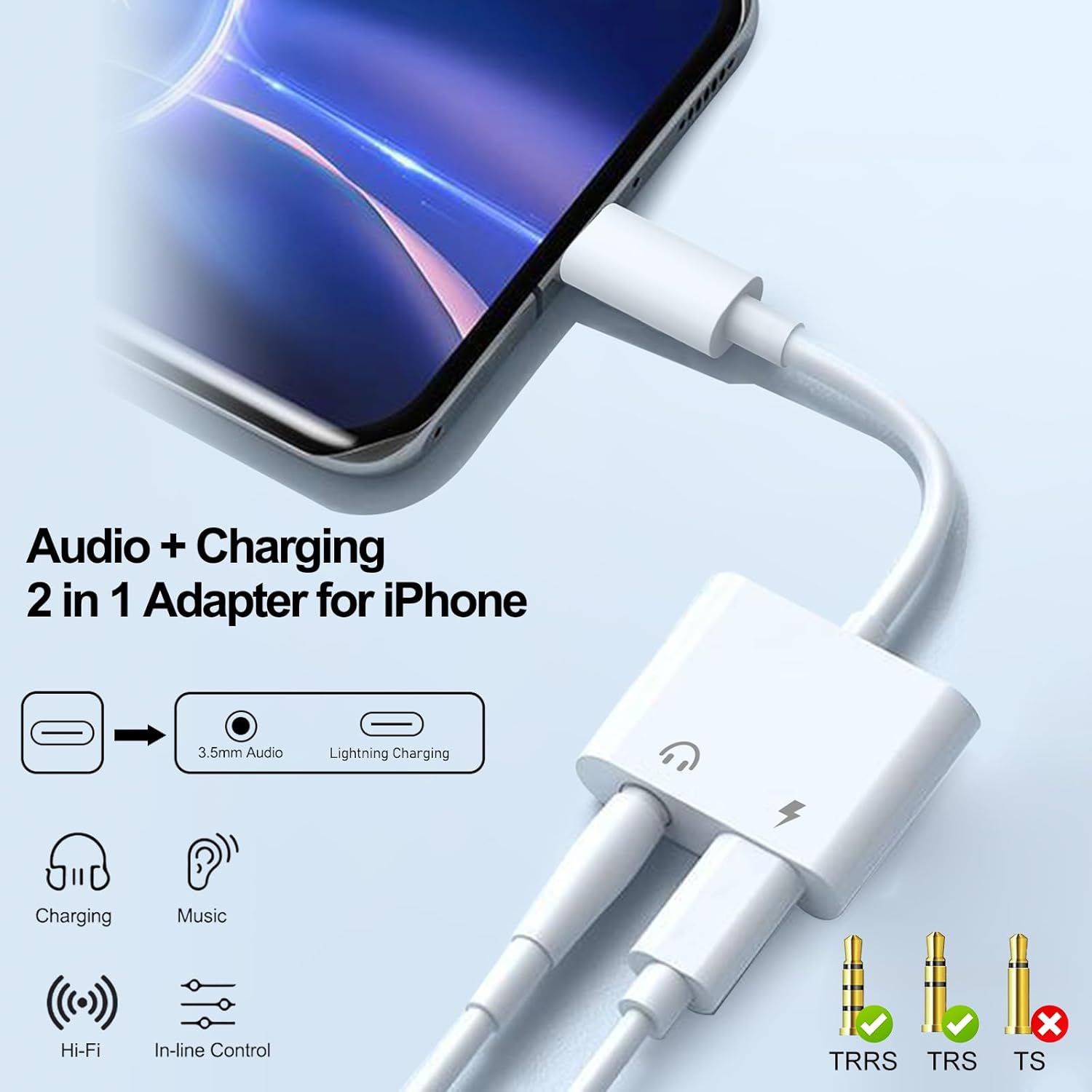 2-in-1 Lightning to 3.5mm Headphone Jack Adapter with Charging Port for iPhone & iPad, MFi Certified Audio Converter, Fast Charging and Hi-Fi Sound Support