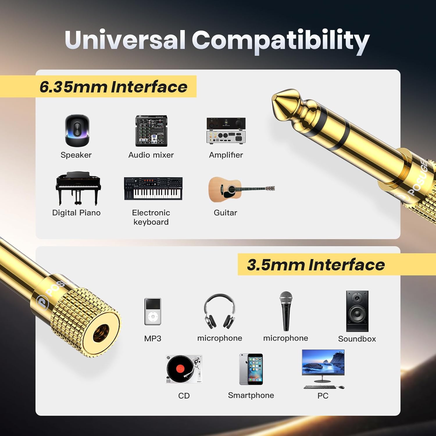 6.35mm to 3.5mm Headphone Adapter Plug Gold Plated Stereo 2 Pack