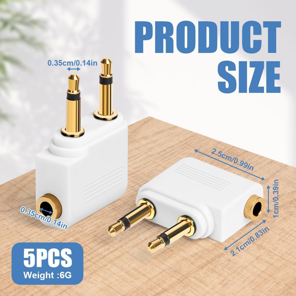 Airplane Headphone Adapter 5 Pack, Gold Plated 3.5mm Stereo Jack