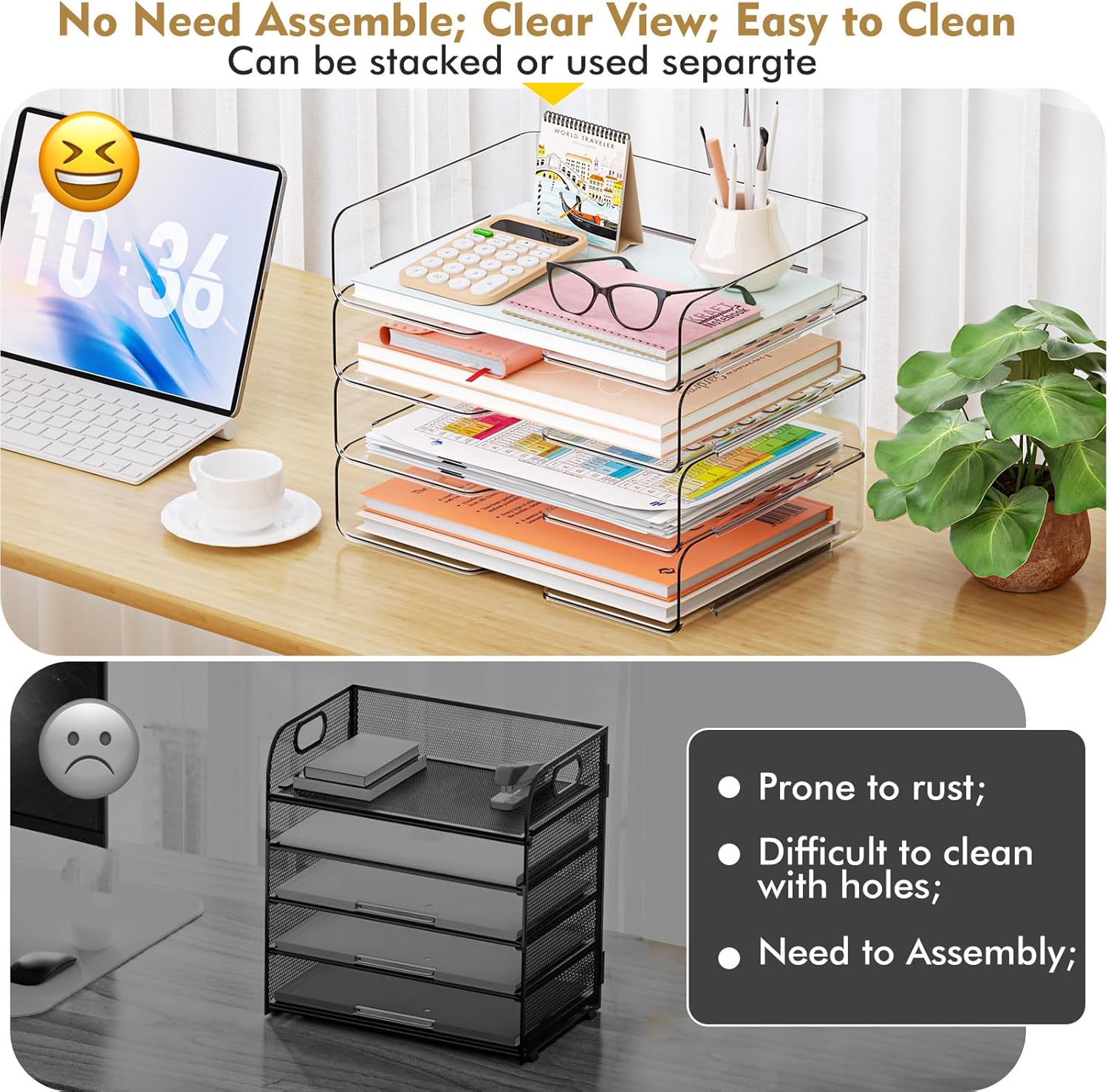4 Pack A4 Acrylic Letter Tray Clear Stackable Document Organizer Filing Trays for Paper & Notes