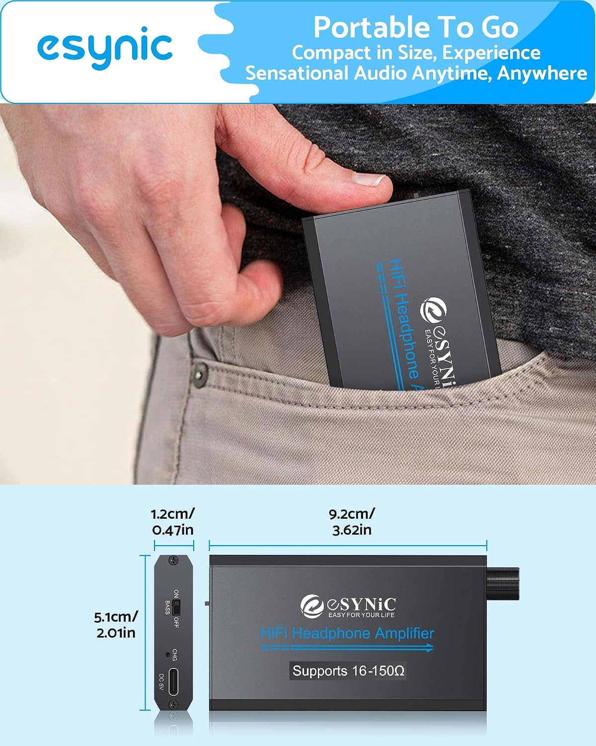 eSynic Portable Rechargeable HiFi Headphone Amplifier 3.5mm