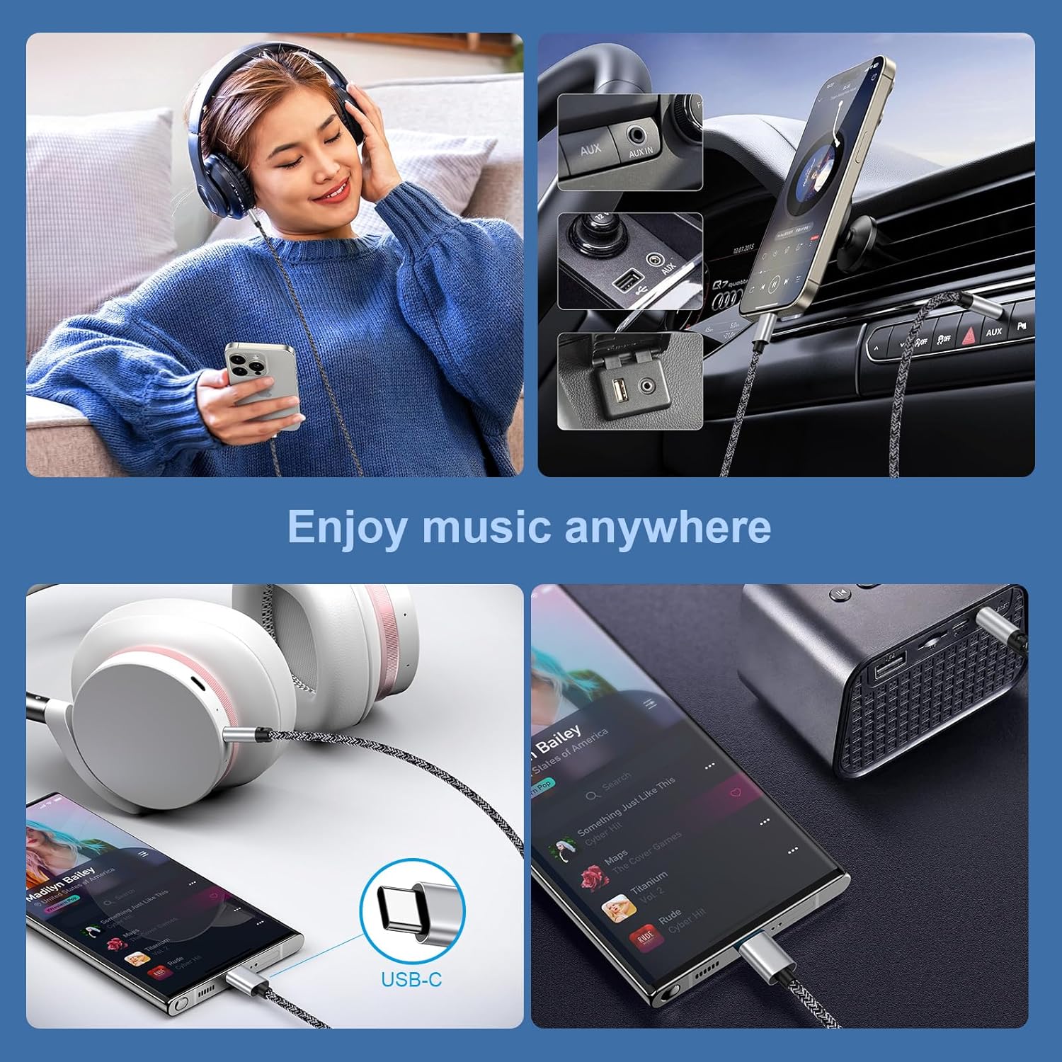 Sidpro USB-C to 3.5mm Aux Cable 1M for Car Audio & Headphones