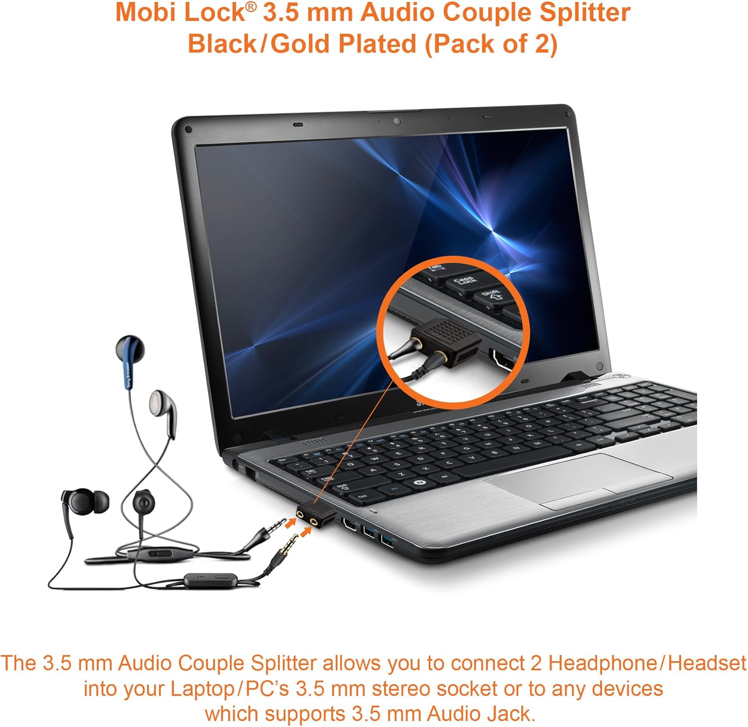 Mobi Lock 3.5mm Headphone Splitter Y Adapter 1 Male 2 Female 2 Pack