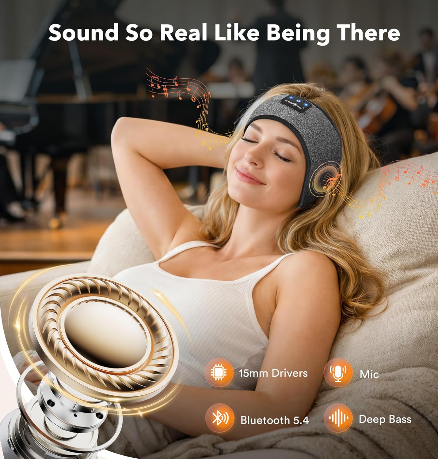 MUSICOZY Sleep Headphones Bluetooth 5.4 Headband 16H Playtime Sleep 70C