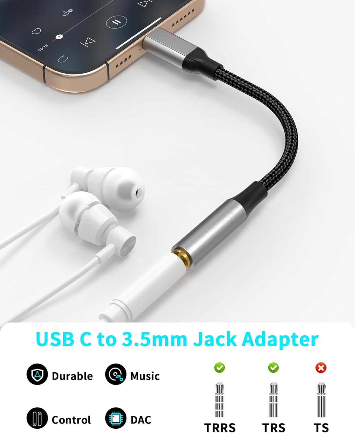 2 Pack USB-C to 3.5mm Adapter with DAC Hi-Fi Stereo Audio Cable