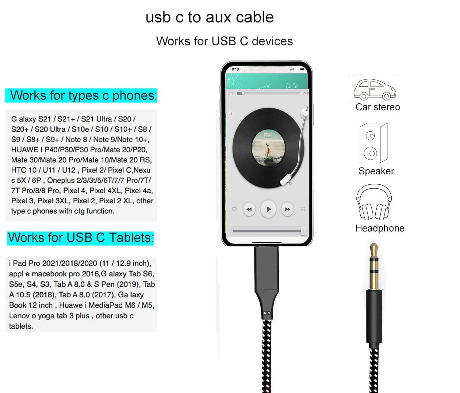 USB C to 3.5mm Aux Cable for iPhone 15 Samsung S21 S20 Car Stereo