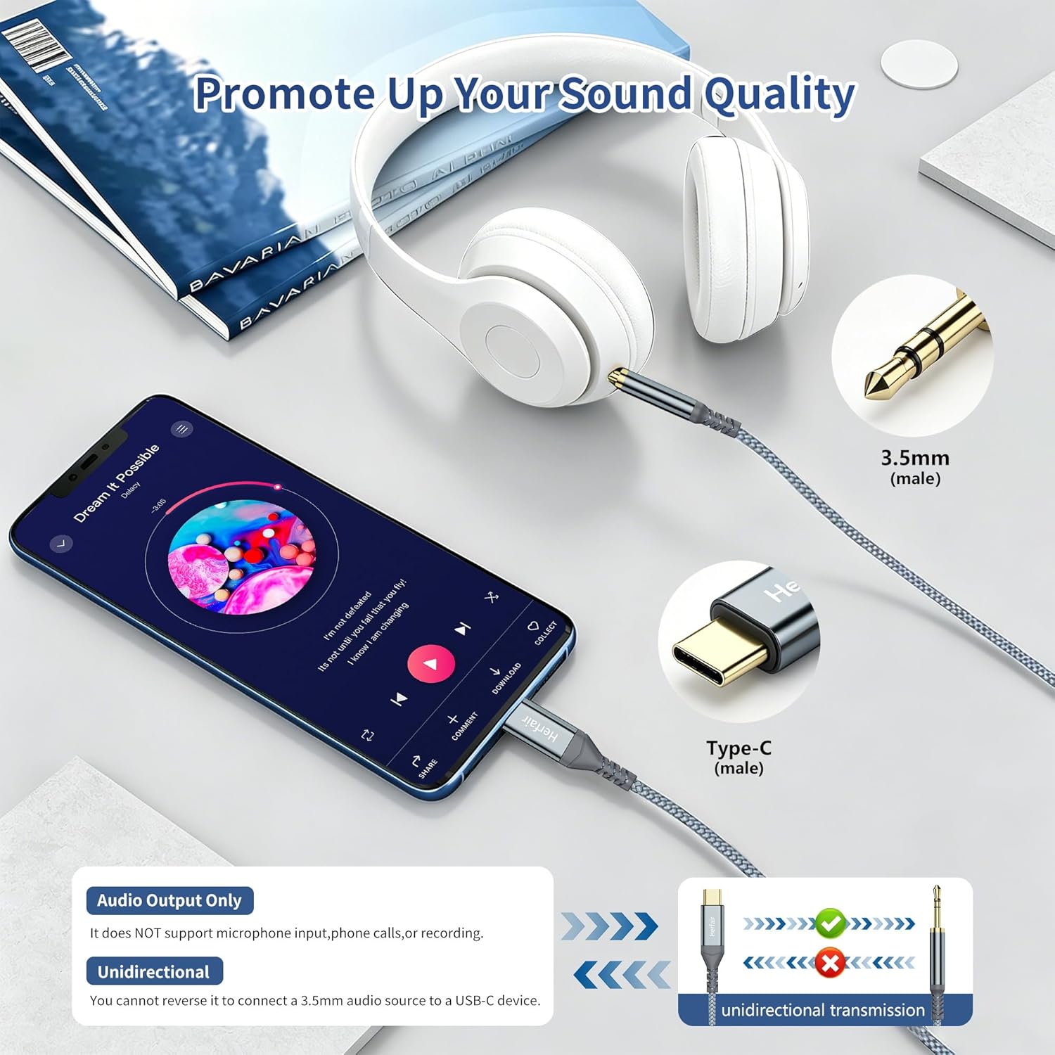 USB-C to 3.5mm AUX Audio Cable 1.2M for Car Stereo & Headphones