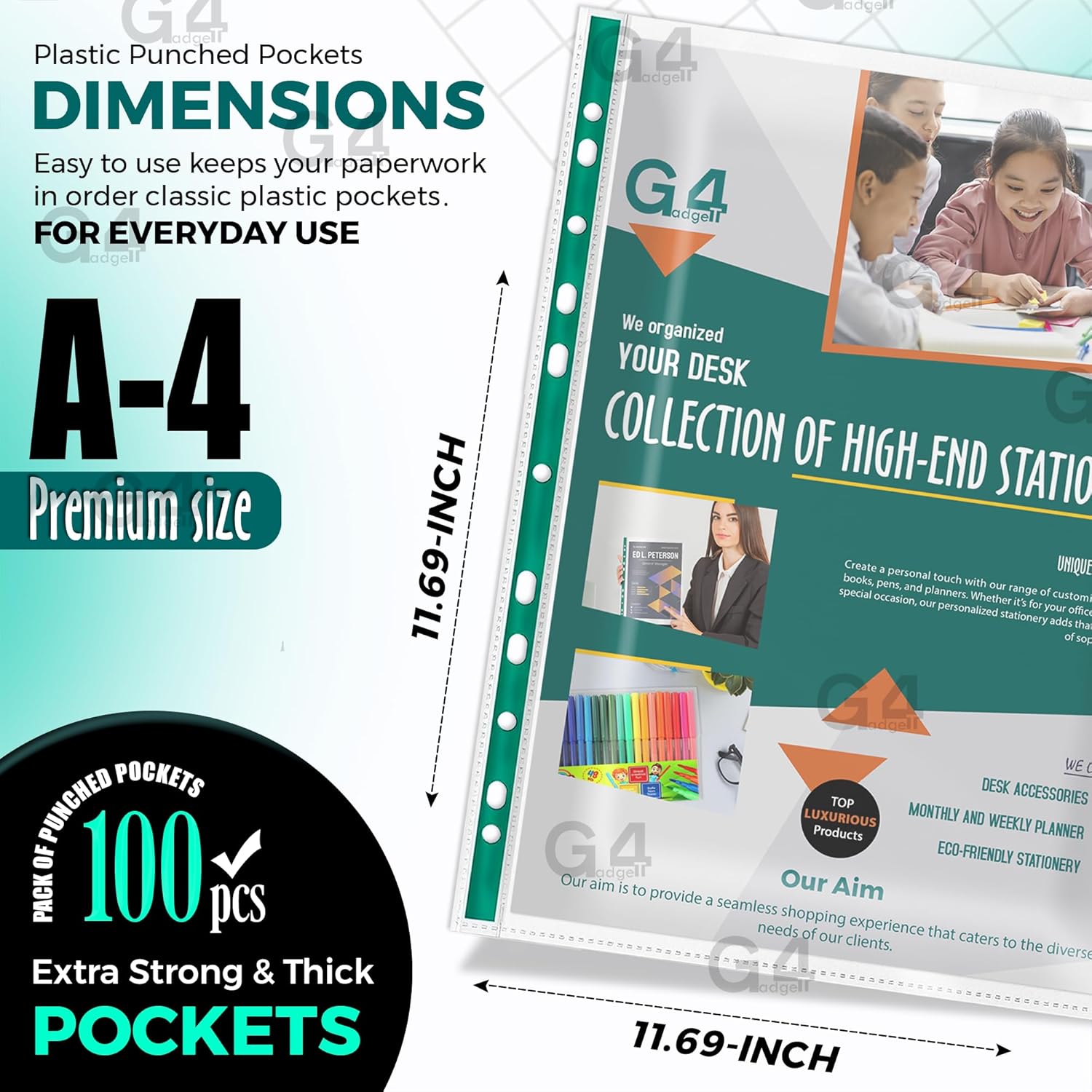 100 A4 Plastic Punched Punch Pockets 30 Micron, 10-15 Sheets, for Folders, Filing Sleeves Wallets
