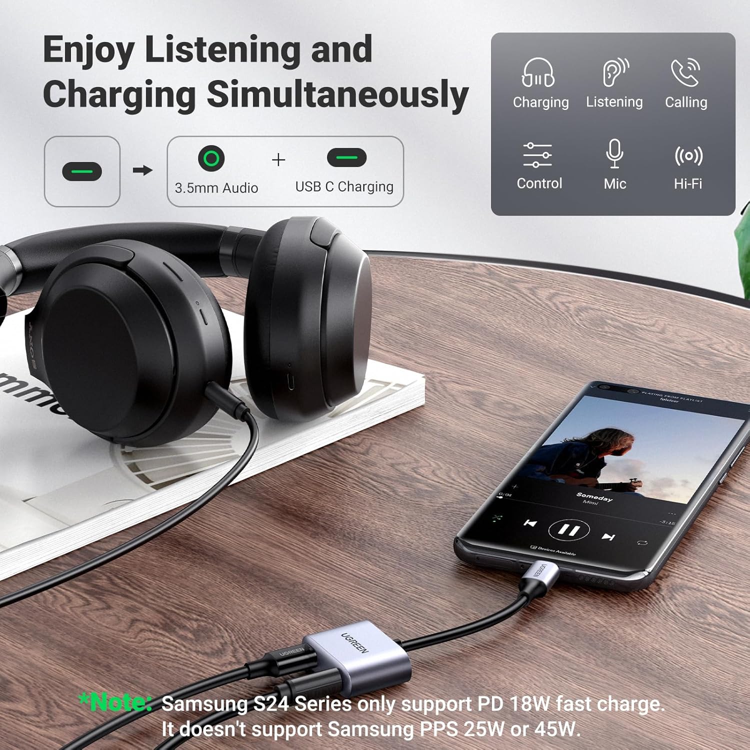 UGREEN USB-C to 3.5mm Adapter with DAC, PD 60W Fast Charging Support  Character Count: 70