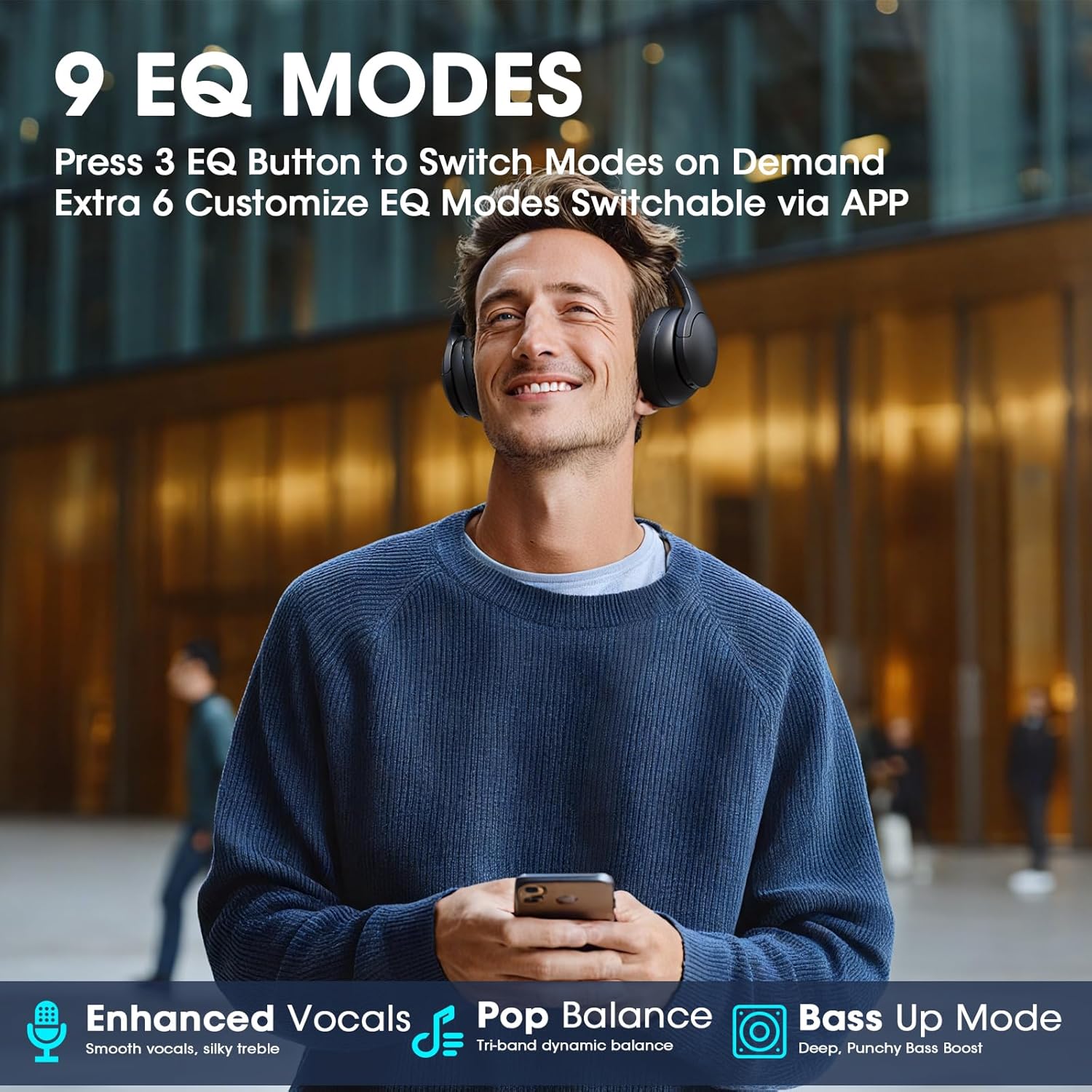 DOQAUS Wireless Over-Ear Headphones | 90H Playtime, 9 EQ Modes, Black