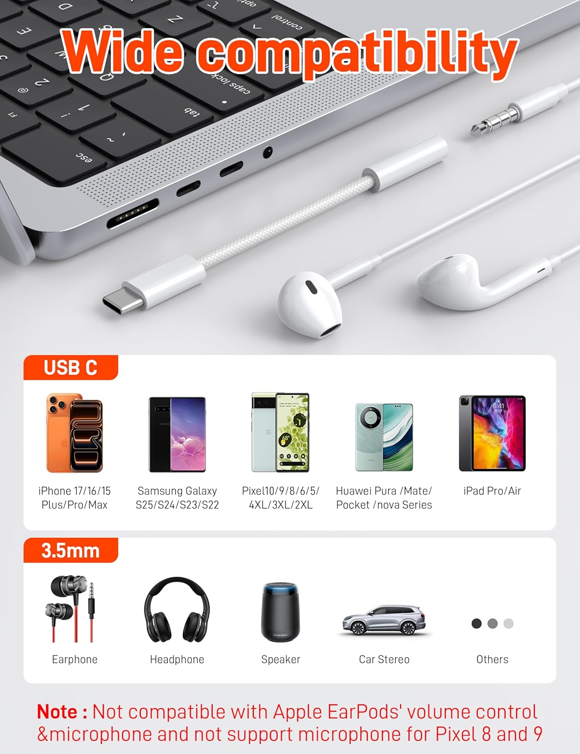 USB C to 3.5mm Headphone Adapter iPhone 17 Pro Max Samsung S25 Pixel 70C