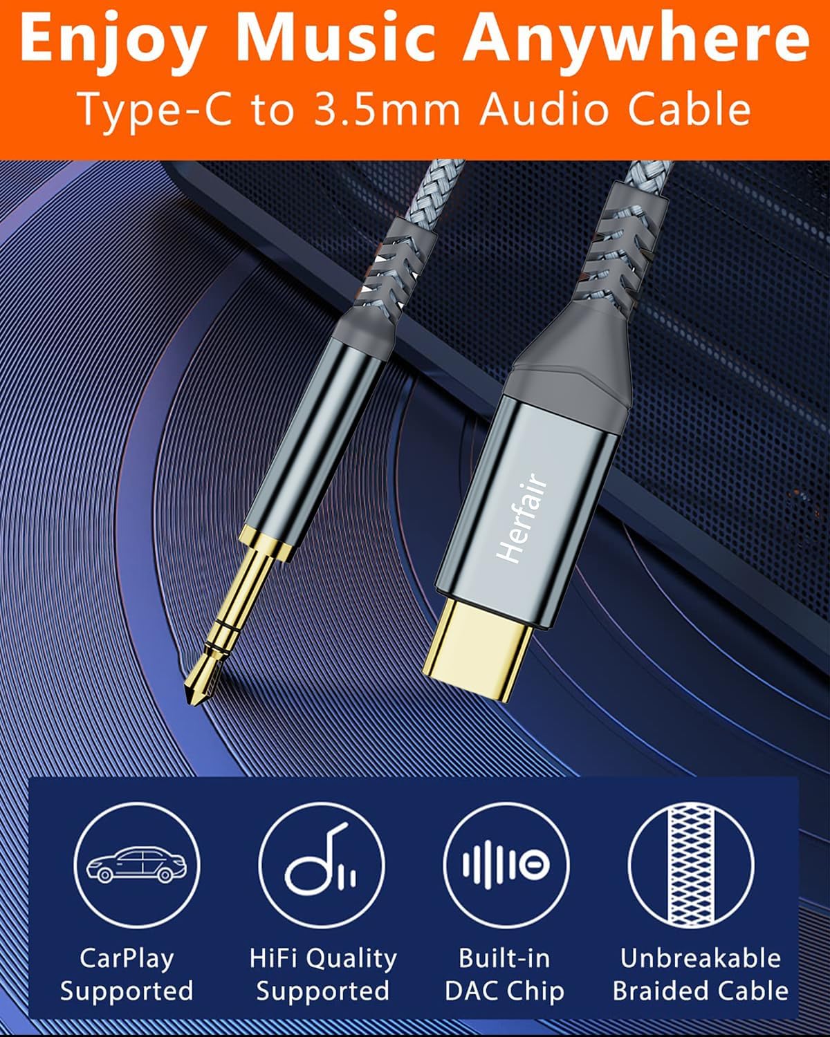 Premium USB-C to 3.5mm AUX Audio Cable 1.2M for Car Stereo, Headphones, Speakers & Smartphones Compatible with Galaxy, iPad & Huawei