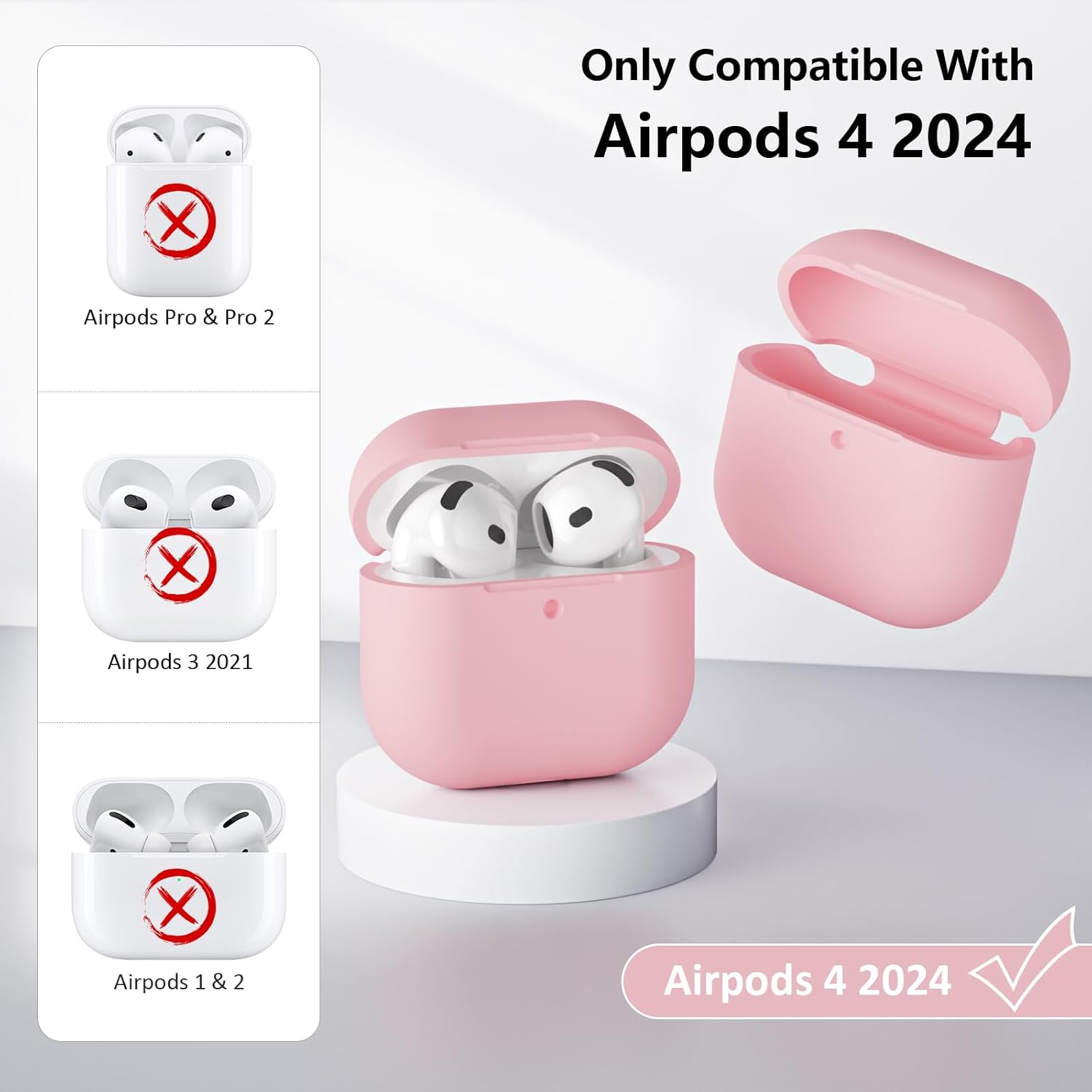 AirPods 4 Silicone Case 2024, LED Visible Cover with Cleaner Pink