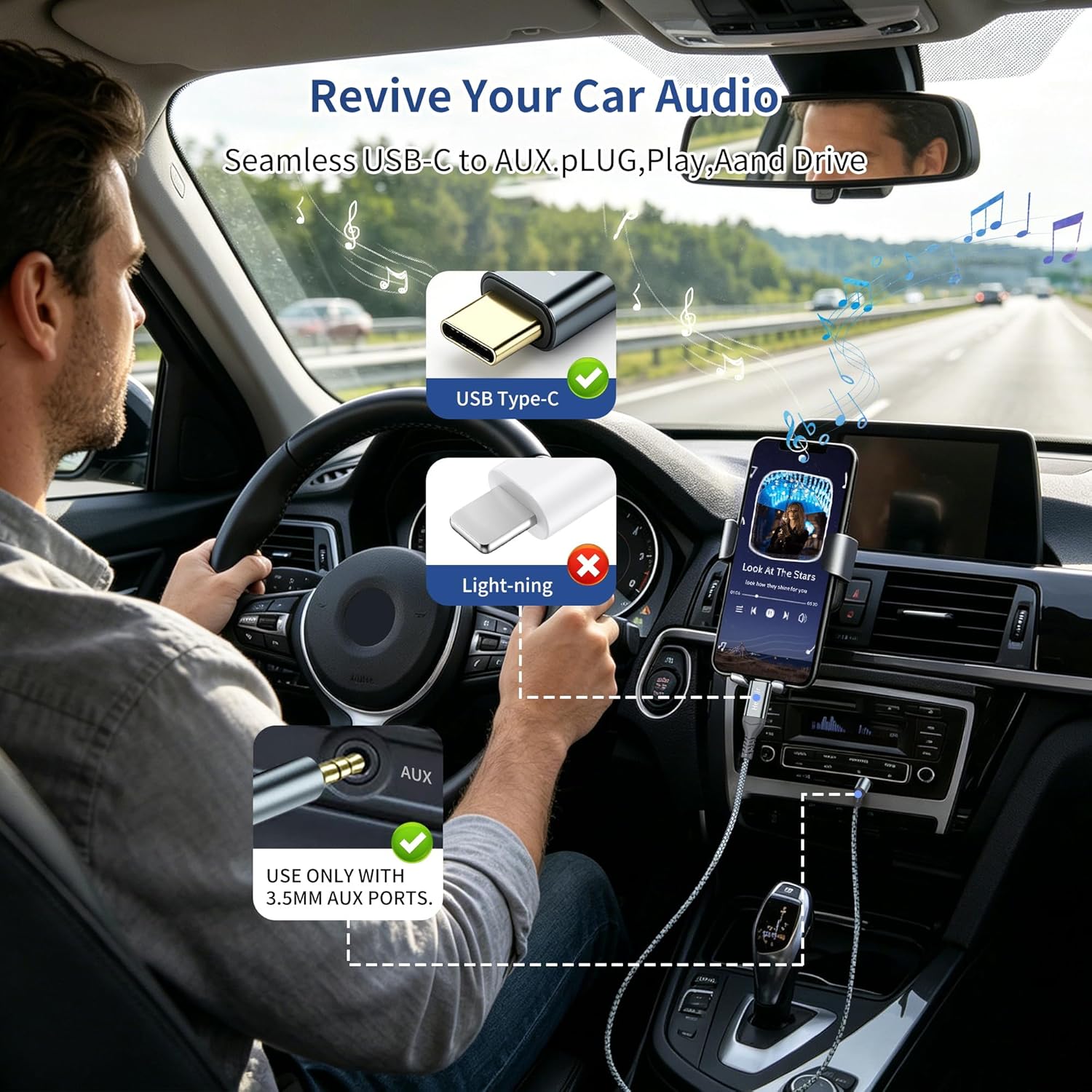 USB-C to 3.5mm AUX Audio Cable 1.2M for Car Stereo & Headphones