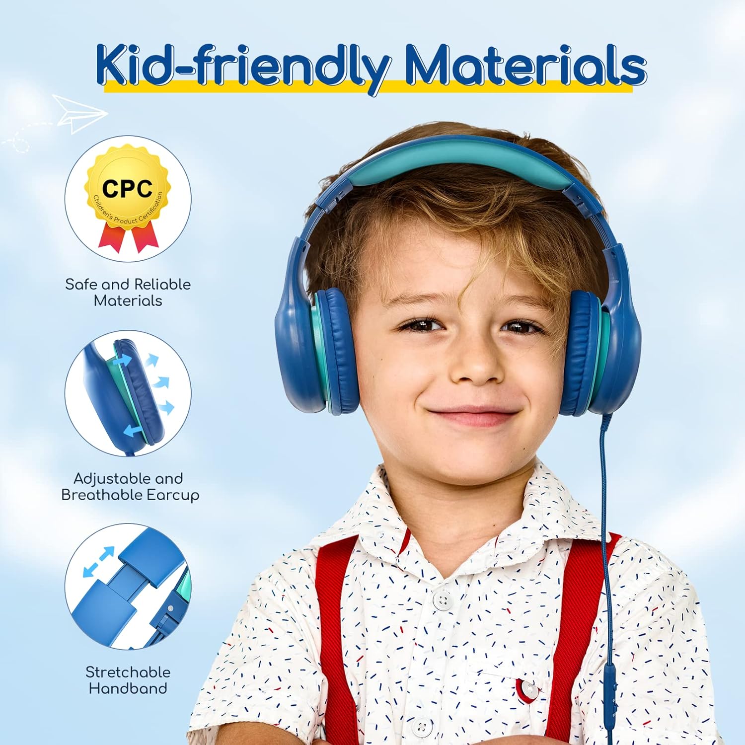 EarFun Kids Wired Headphones with Mic | 85/94dB Limit, Adjustable, Blue Green