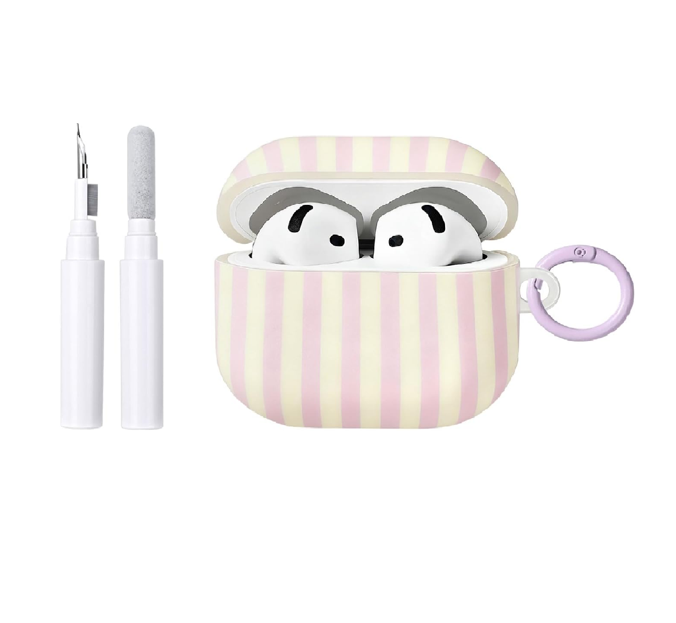 AirPods 4 Case with Cleaner Kit, Cute Striped Soft TPU Cover, Shockproof Protective Case with Keychain for AirPods 4th Generation, Pink