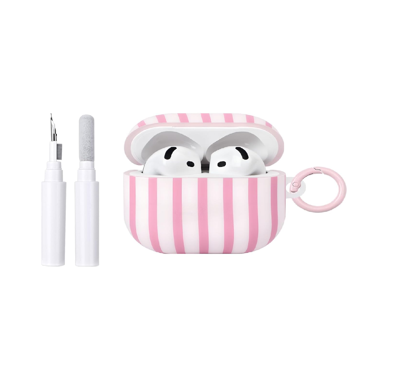 AirPods 4 Case with Cleaner Kit, Cute Striped Soft TPU Cover, Shockproof Protective Case with Keychain for AirPods 4th Generation, Pink