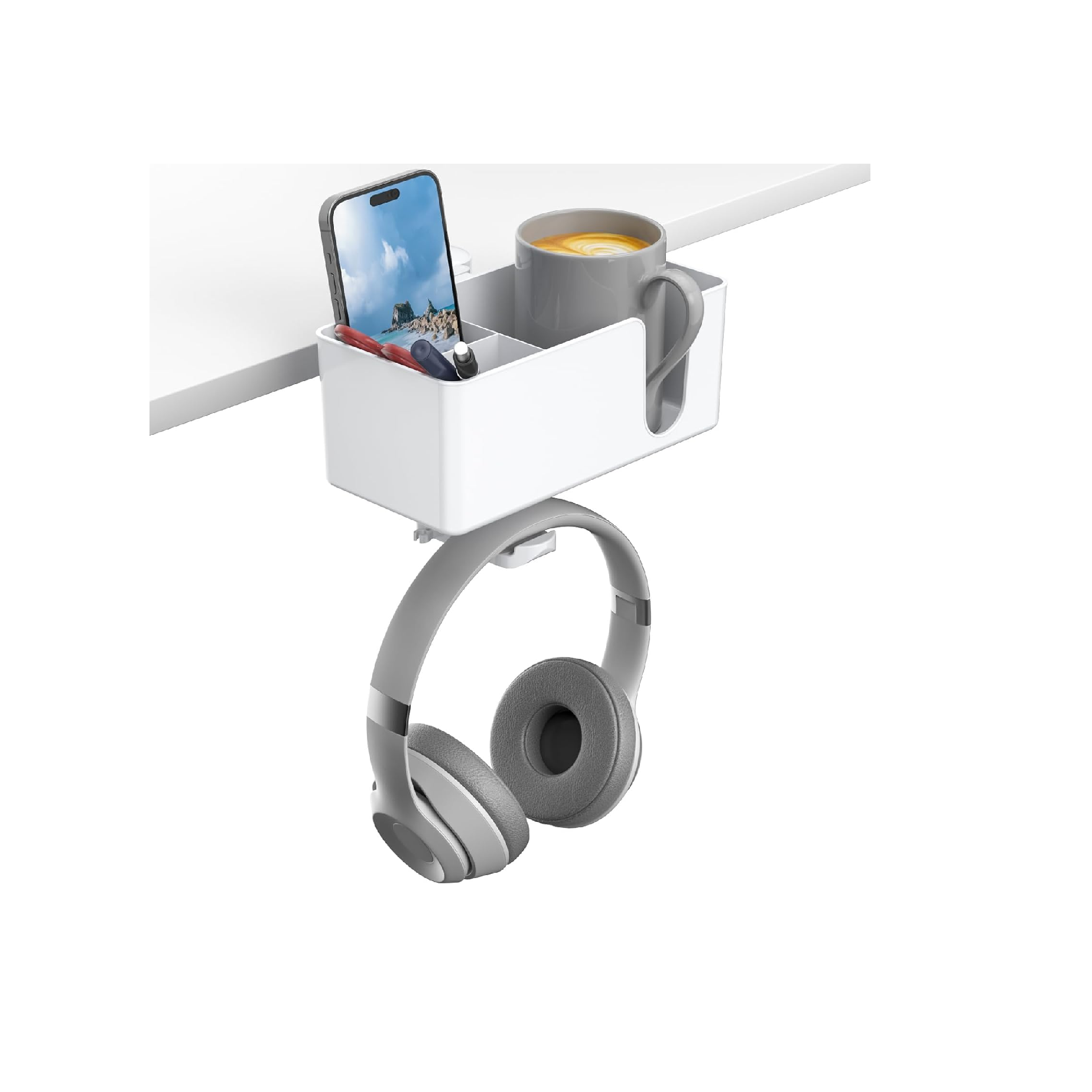 KDD 4-in-1 Desk Organizer Cup Holder Headphone Hanger White