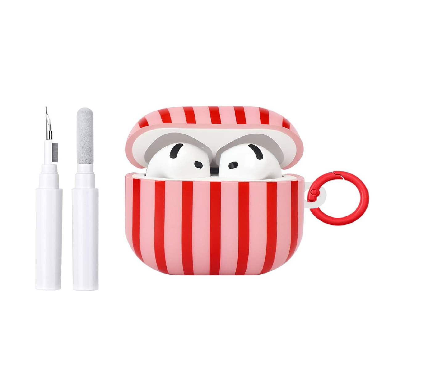 AirPods 4 Case with Cleaner Kit, Cute Striped Soft TPU Cover, Shockproof Protective Case with Keychain for AirPods 4th Generation, Pink