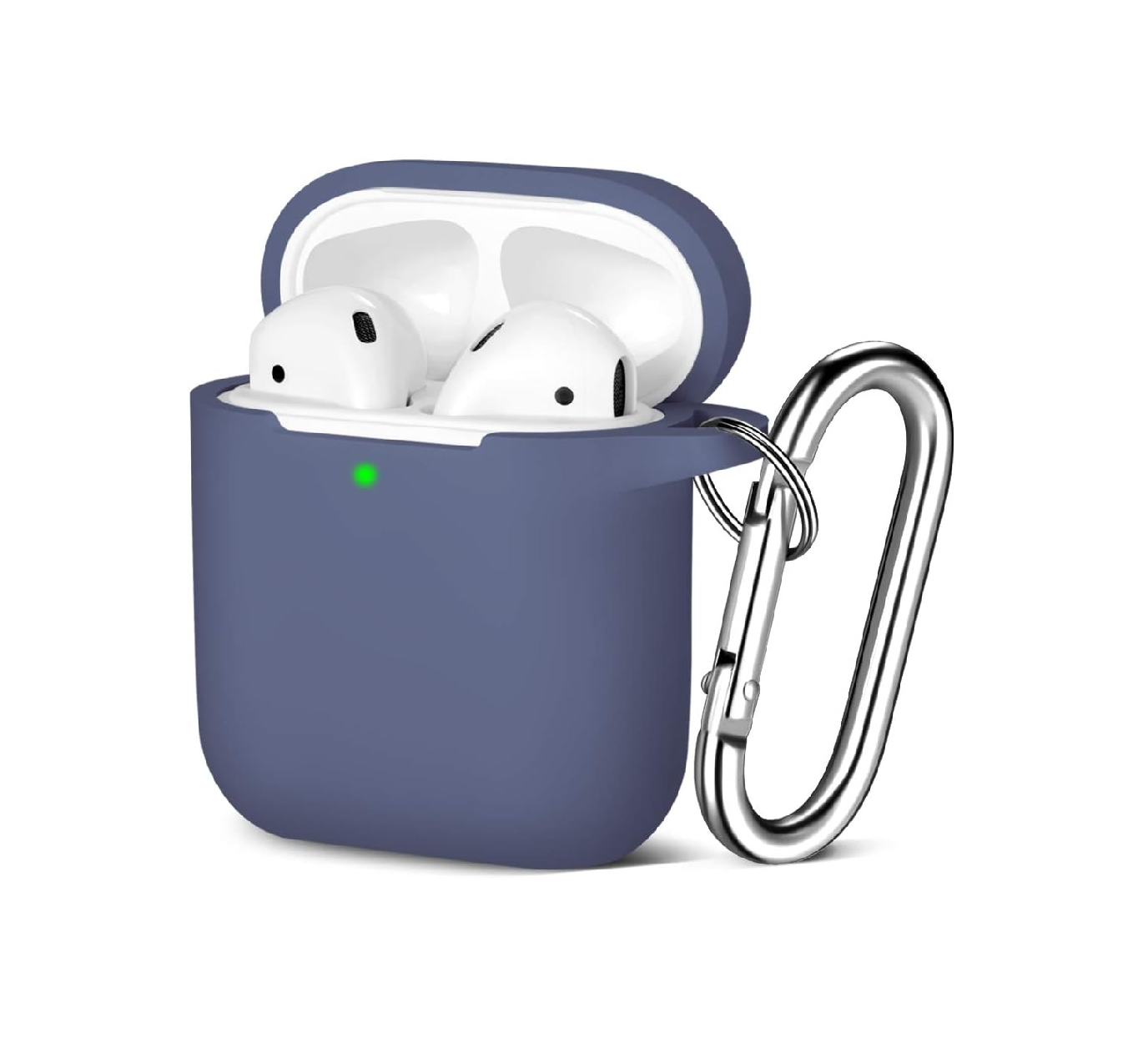 AirPods 1 & 2 Case, Silicone Shockproof Cover with Carabiner, Wireless Charging Compatible, Waterproof Protective Skin, Front LED Visible, Blue Gray