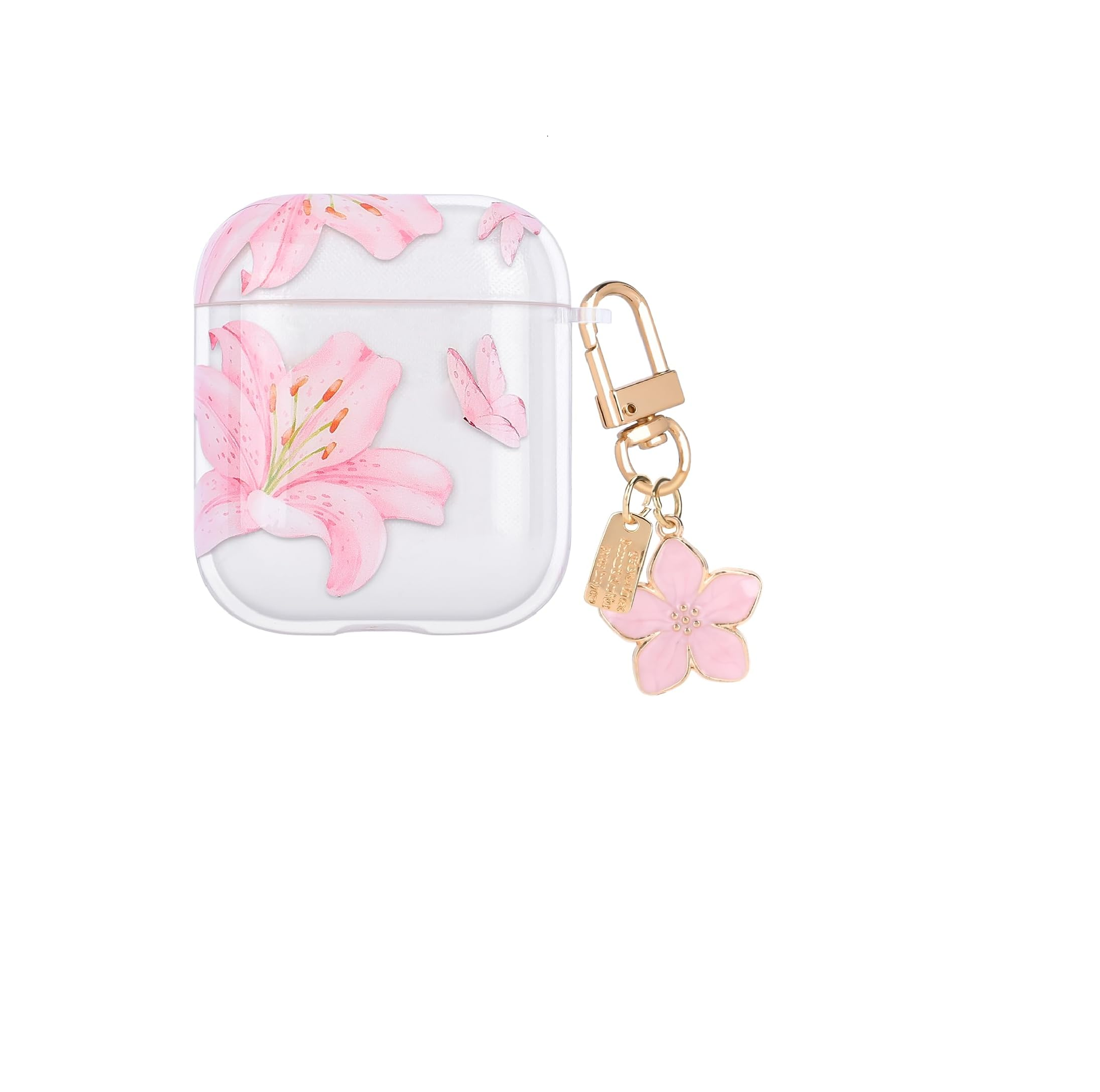 Transparent AirPods 1/2 Case with Flower Pendant, Pink Lily TPU Cover