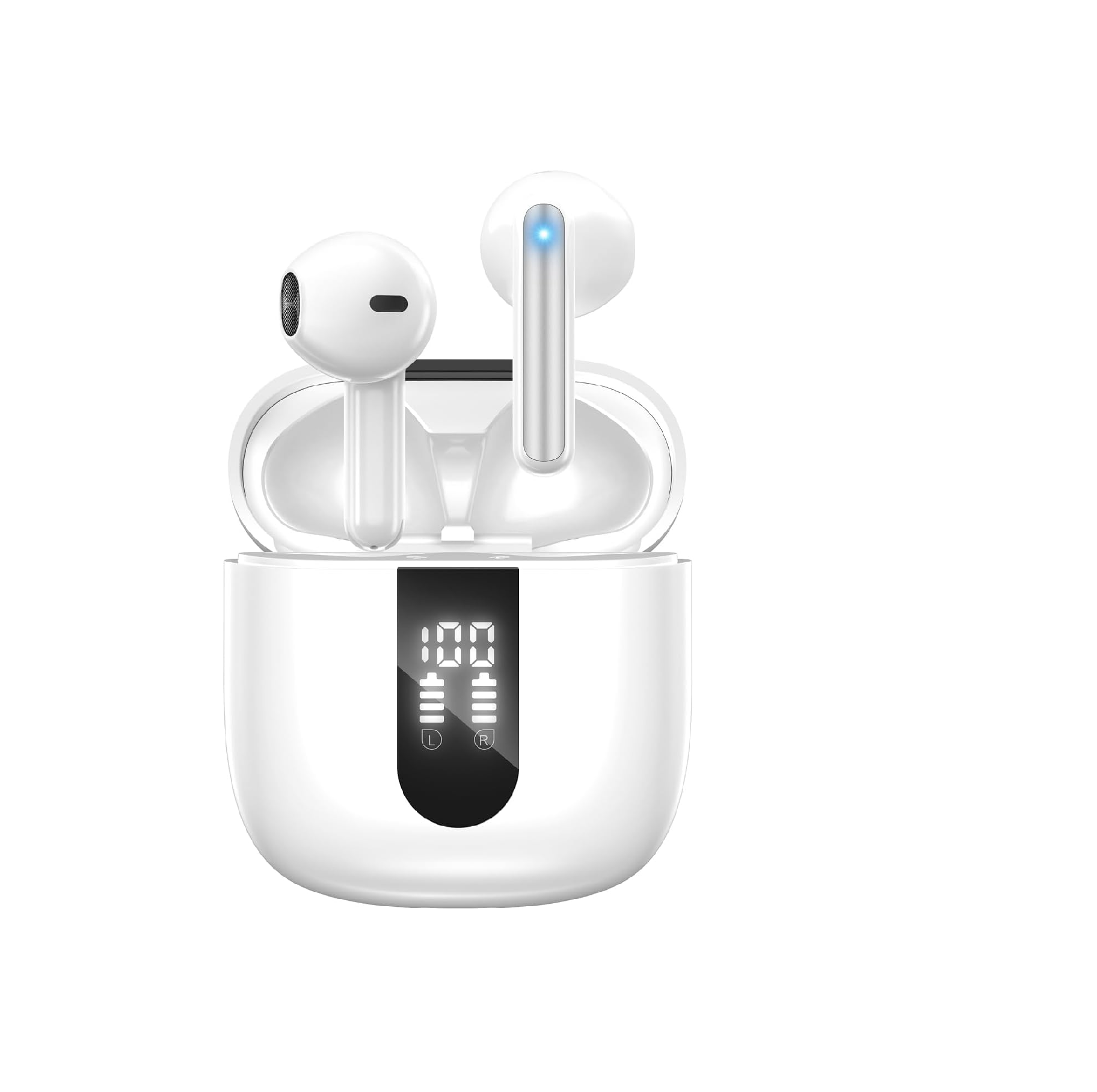 Wireless Bluetooth Earbuds 60H Playtime Deep Bass, 6 Mic Noise Cancelling, IP5 Waterproof Sports Earphones (White)