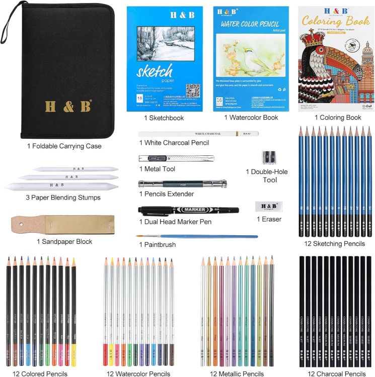 Picture of 75Pcs Drawing Set Colouring Pencils Sketch Set,Drawing Pencils with Watercolor Pencil,Metallic Pencil, Sketchbook