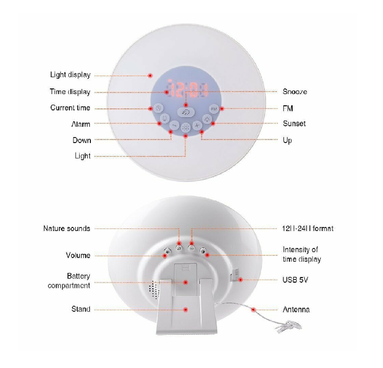 Picture of Sunrise Wake Up Lamp Alarm Clock – Smart FM Radio & Bedside Light with 7 Colors, Natural Sounds & USB Power