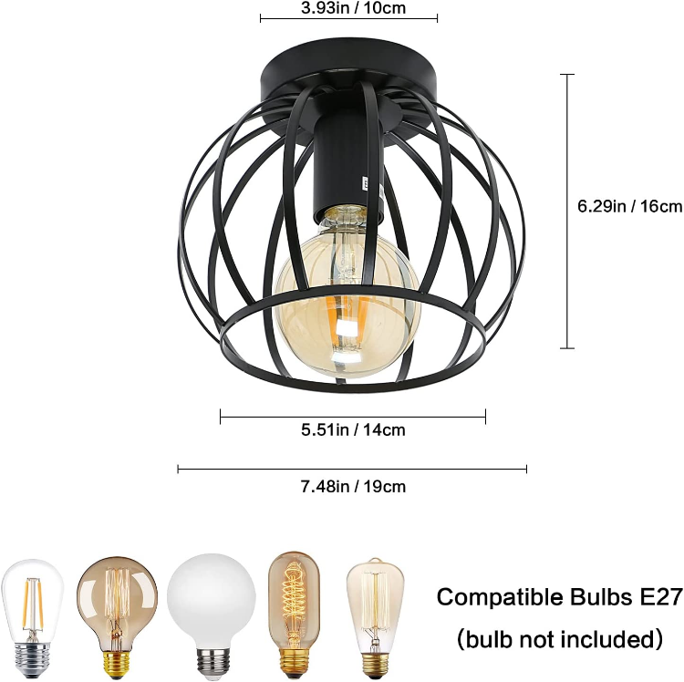 Picture of Vintage Industrial Ceiling Light – Black Semi-Flush Mount Metal Cage Lampshade with E27 Holder for Retro Home Decor