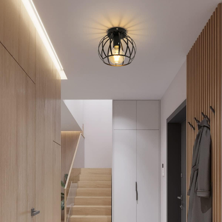 Picture of Vintage Industrial Ceiling Light – Black Semi-Flush Mount Metal Cage Lampshade with E27 Holder for Retro Home Decor