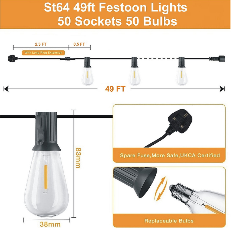 Picture of Festoon Lights Outdoor –IP44 Waterproof LED Garden Patio String Lights, 3000K Warm White, Mains Powered