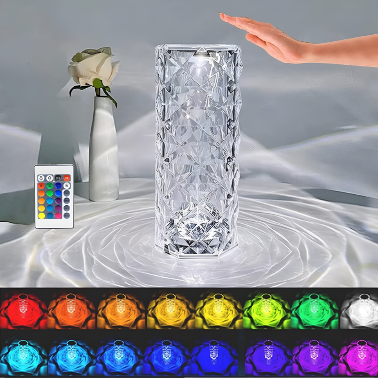 Picture of Crystal Diamond Table Lamp – 16-Color Changing RGB Touch Control Bedside Lamp, USB-Powered Romantic Rose Acrylic 3D Night Light with Remote