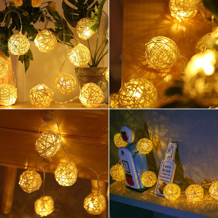 Picture of 20 Christmas Indoor Rattan Ball Fairy Lights – Warm White Ambiance Lighting for Bedroom, Wedding, Christmas & Parties